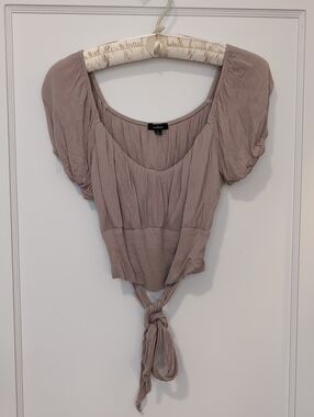 Ambiance Taupe Tie-Back Gauzy Puff Sleeve Crop Top